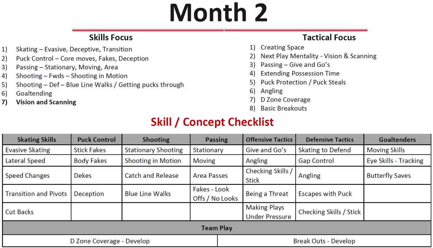Month 2 roadmap: skills focus, tactical focus and skill and concept checklist