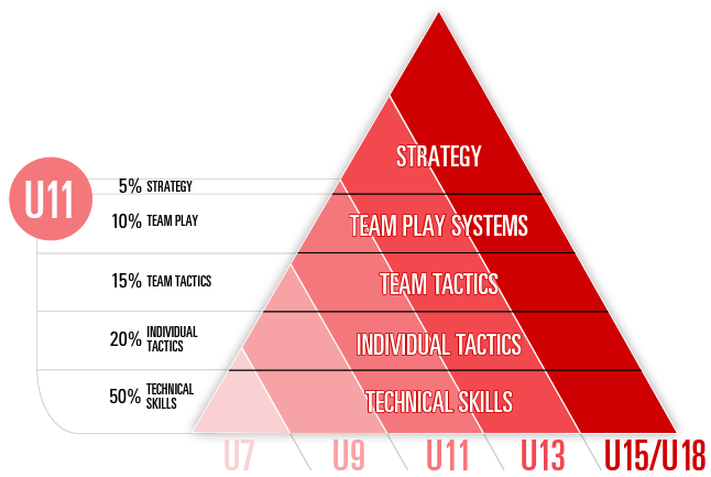 Pyramid of practice time by age group. At U11: 5% strategy, 10% team play and systems, 15% team tactics, 20% individual tactics and 50% technical skills