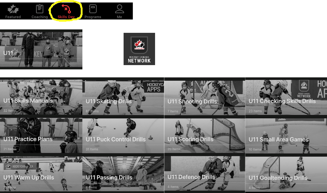 Hockey Canada Network App screens: the Skills Dev tab, and the U11 section with twelve categories: Skills Manuals, Skating Drills, Shooting Drills, Checking Skills Drills, Practice Plans, Puck Control Drills, Scoring Drills, Small Area Games, Warm Up Drills, Passing Drills, Defence Drills and Goaltending Drills