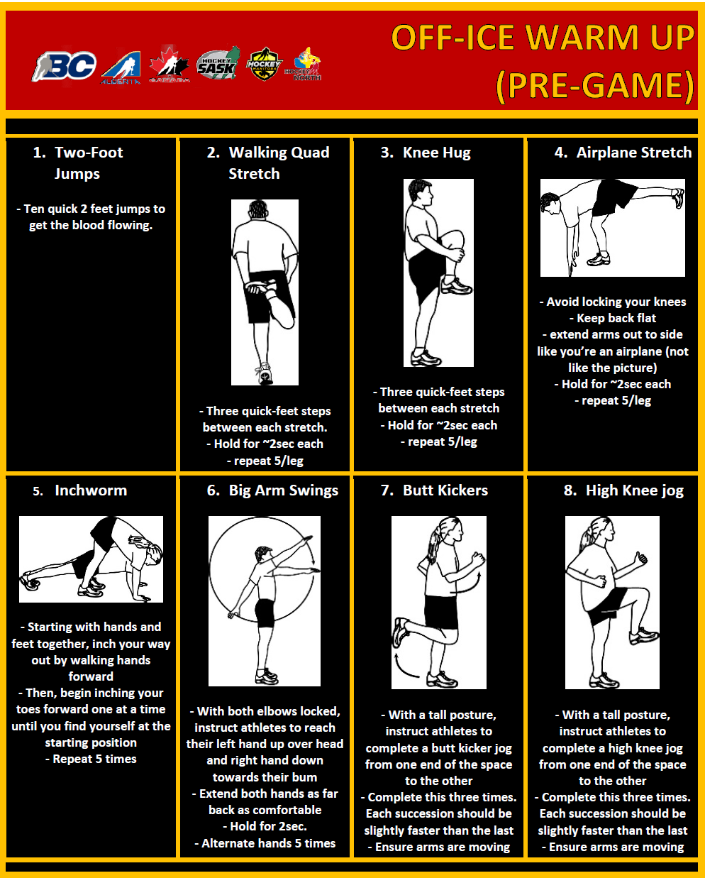 Example off-ice warm-up protocol for pre-game, with illustrated exercises