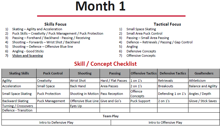 Month 1 roadmap: skills focus, tactical focus and skill and concept checklist
