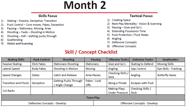 Month 2 roadmap: skills focus, tactical focus and skill and concept checklist