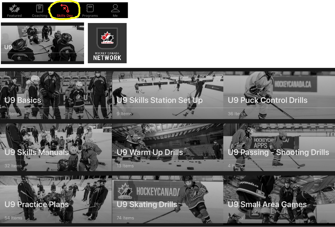 Hockey Canada Network App screens: the Skills Dev tab, and the U9 section with nine categories: U9 Basics, Skills Station Set Up, Puck Control Drills, Skills Manuals, Warm Up Drills, Passing - Shooting Drills, Practice Plans, Skating Drills and Small Area Games